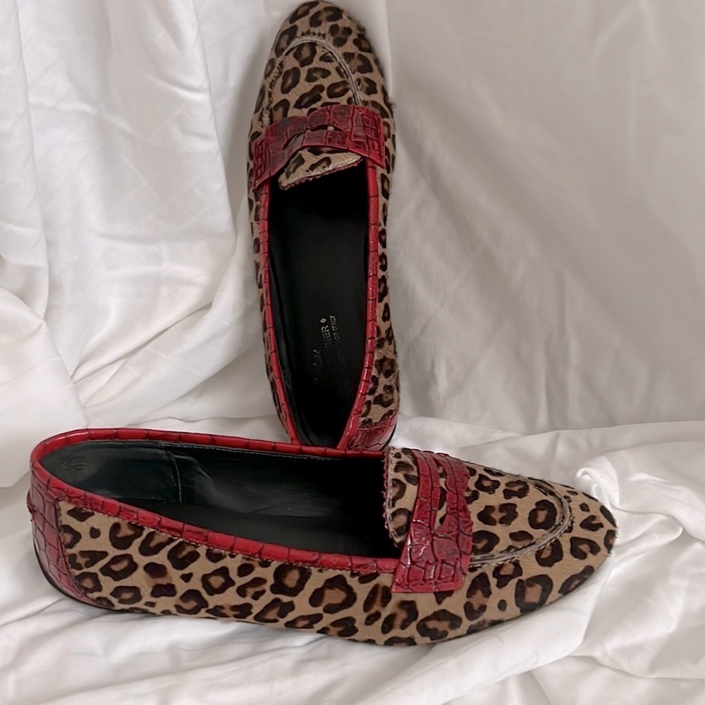Leopard hair calf with red crock trim flats leather